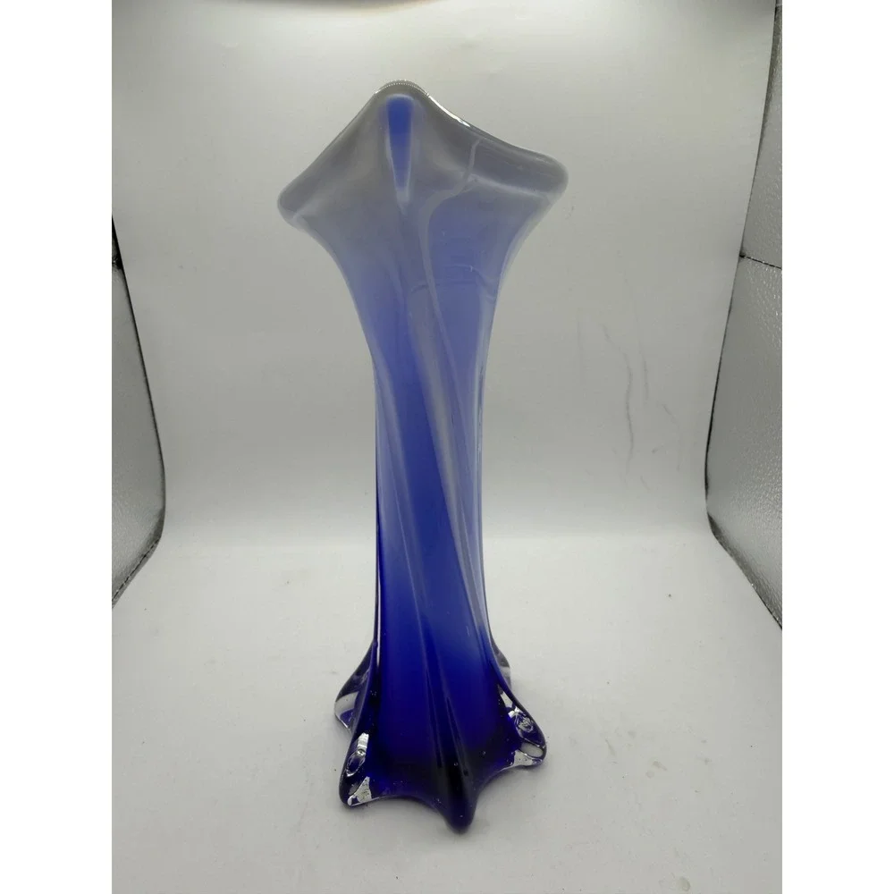 Cobalt Blue Art Glass Calla Lily Vase Hand Blown Twisted Stem 8.5 Inch Decor
